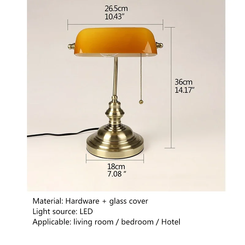 AOSONG European Style Table Lamp Simple Design LED Yellow Glass Desk Light Retro Pull Switch for Home Study Office Bedroom