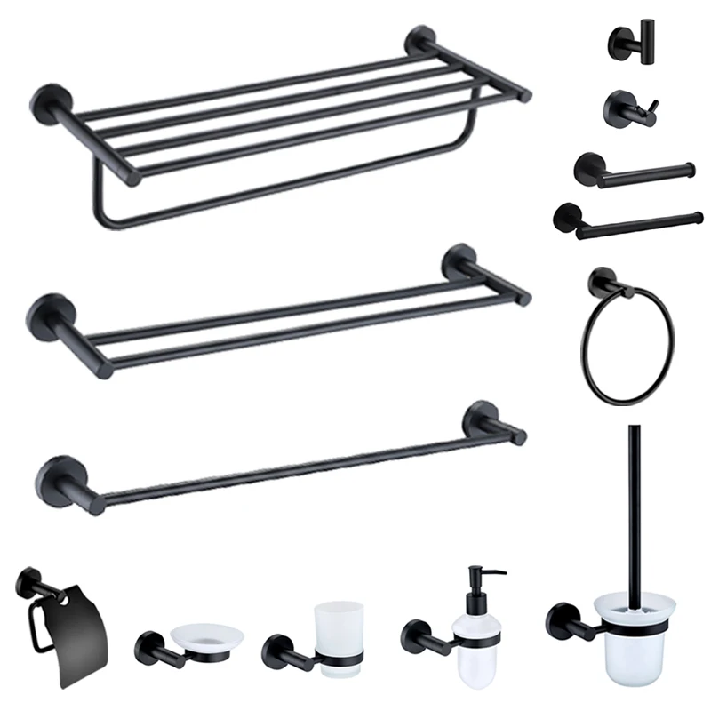 Matt Black Double Towel Bars Kitchen Towel Hanger Stainless Steel Bathroom Accessories Towel Rack Ring Toilet Paper Brush Holder