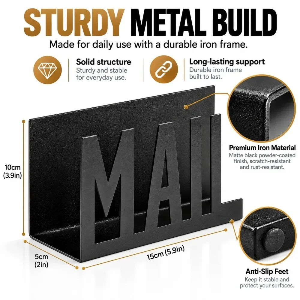 Black Metal Mail Organizer for Desk,Freestanding Letter Holder and Envelope Sorter,Iron Desktop File Storage Rack for Bills,Documents,Folders,Stamps and Paperwork,Compact Paper Organizer with Cutout MAIL Lettering Design for Home Office,School,Countertop