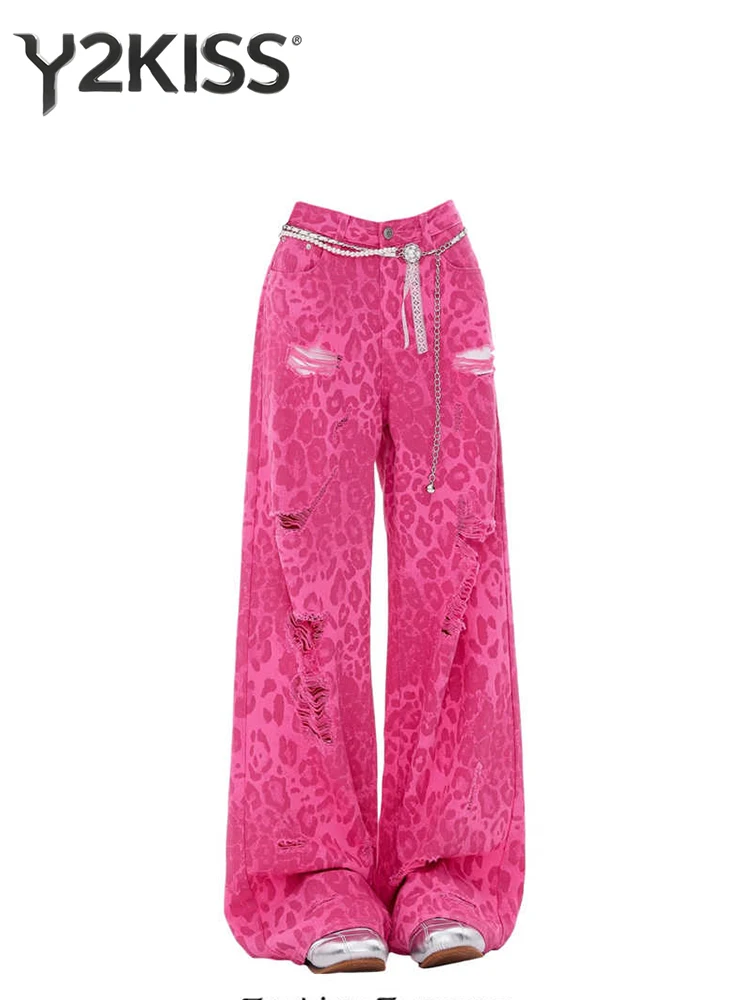 2025 Autumn Winter Women's Denim Pants Leopard Print Hole 2000s Y2K Baggy Jeans Pink Hip-pop Japanese Harajuku Cowboy Hip-pop