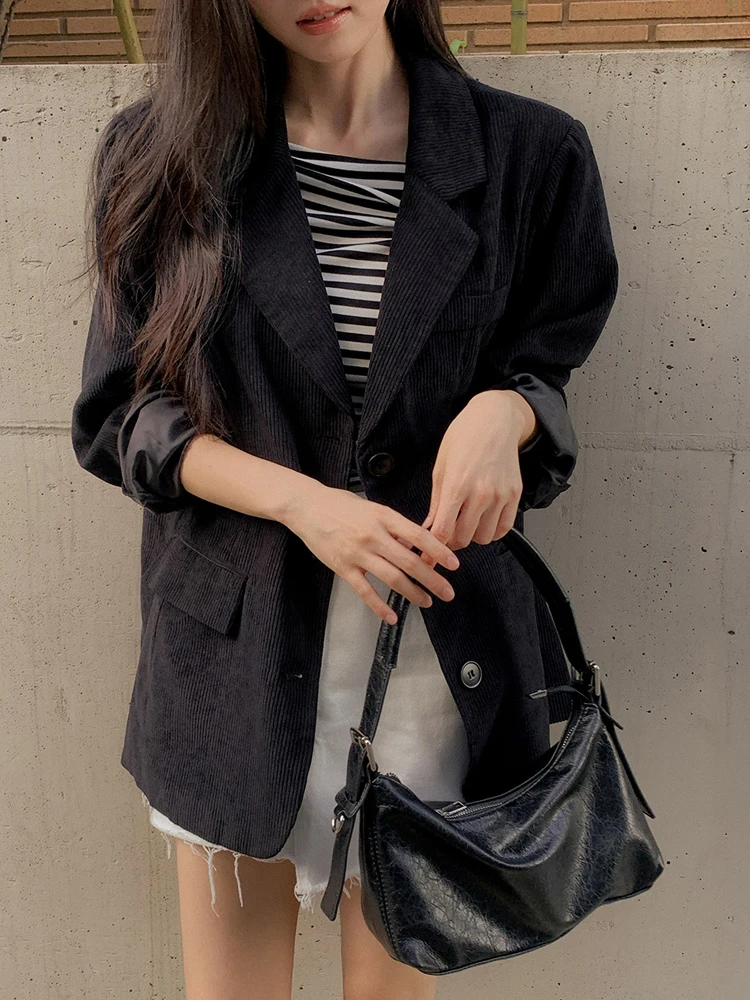 

Women Blazer Corduroy Jacket Korean Casual Versatile Design Coffee Color Loose Fit Long Sleeve Y2K Fashion Winter Outerwear