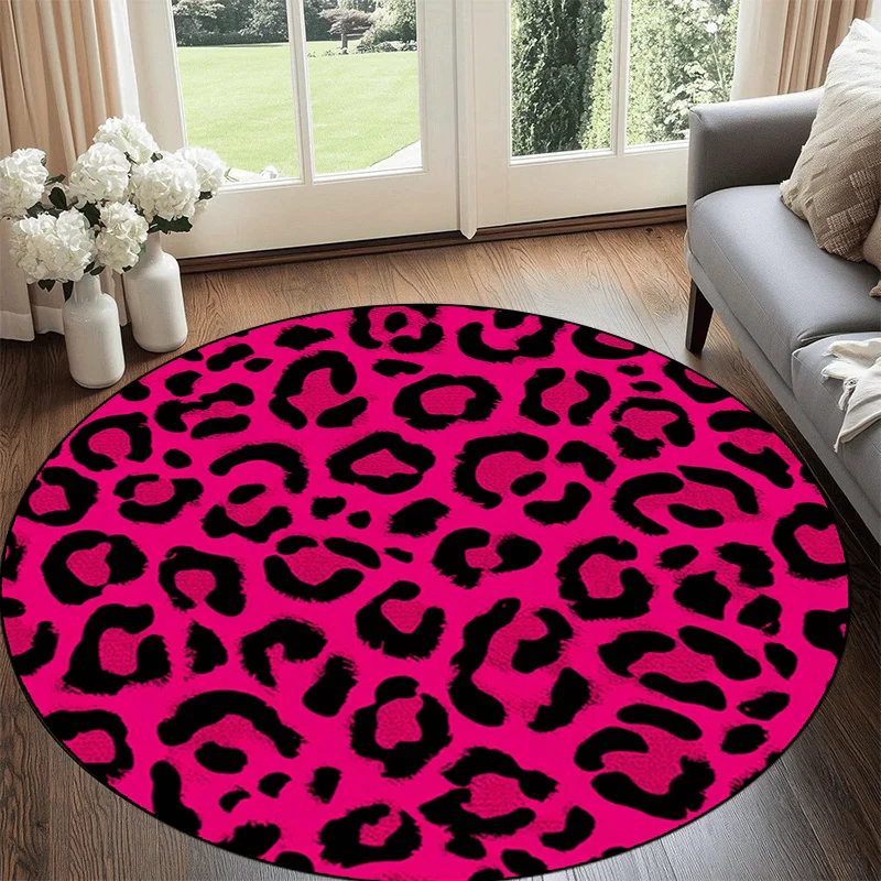 Hot Pink Black Leopard Print Round Rug, Trendy Animal Skin Pattern Floor Mat for Sofa Bedroom Dressing Room Bar Indoor Decor
