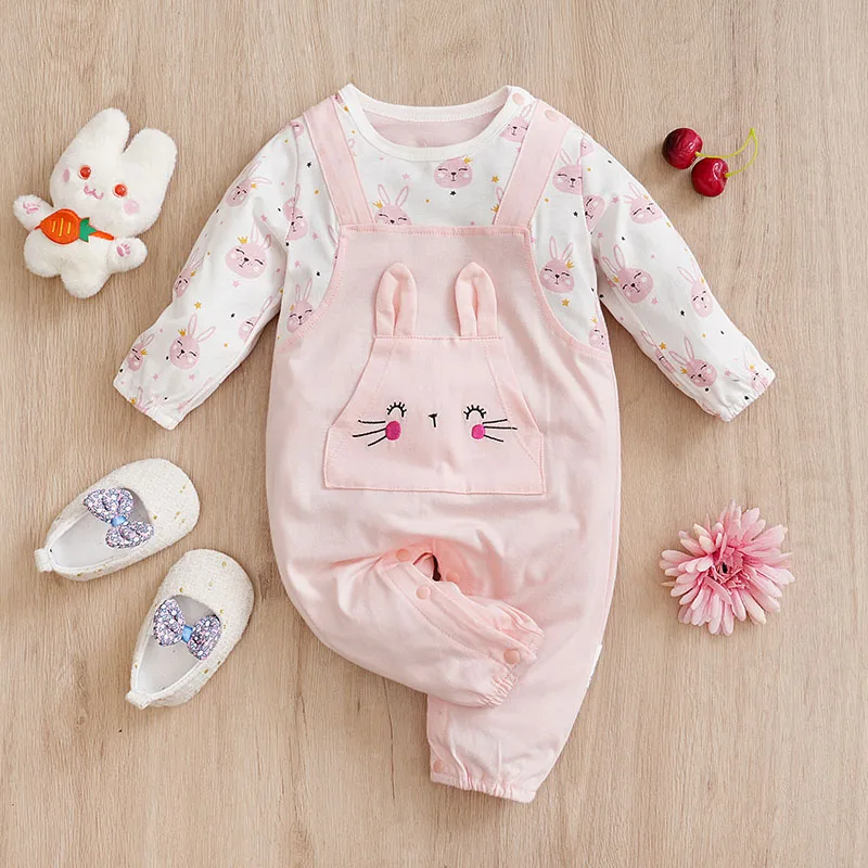 Spring and Autumn Newborn Bodysuit Cute Rabbit Full Print Fake Two Piece Strap Pants Girl Baby Bodysuit Long sleeved Pure Cotton