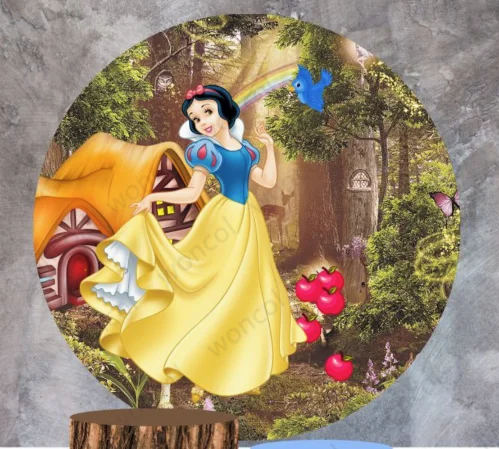 Disney Snow White Round Backdrop Girls Birthday Backdrop Snow White Retro Wood Cylinder Cover Decorations Baby Shower Photo Prop