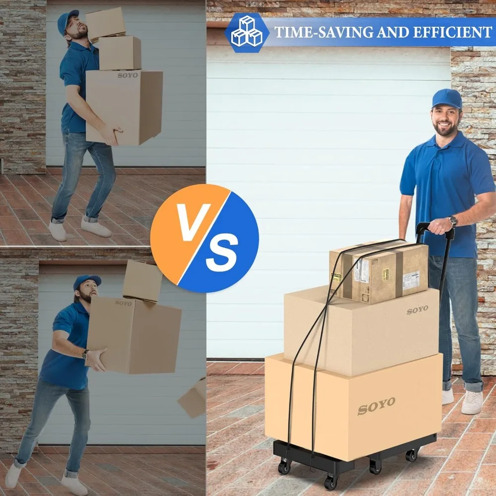 Wózek ręczny składany o dużej wytrzymałości, udźwig 227 kg, wózek transportowy z 6 kołami i elastycznymi linkami do przeprowadzki, podróży i zakupów.