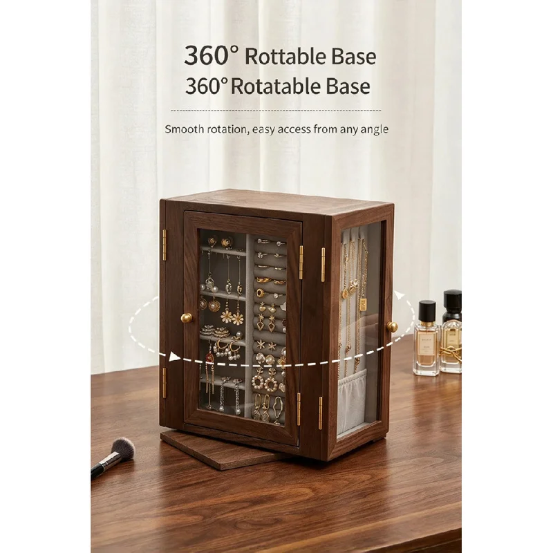 Solid Wood Rotating Jewelry Box, 360 Degree Multi-Layer Drawers and Divided Compartments, High-End Jewelry Storage for Earrings,