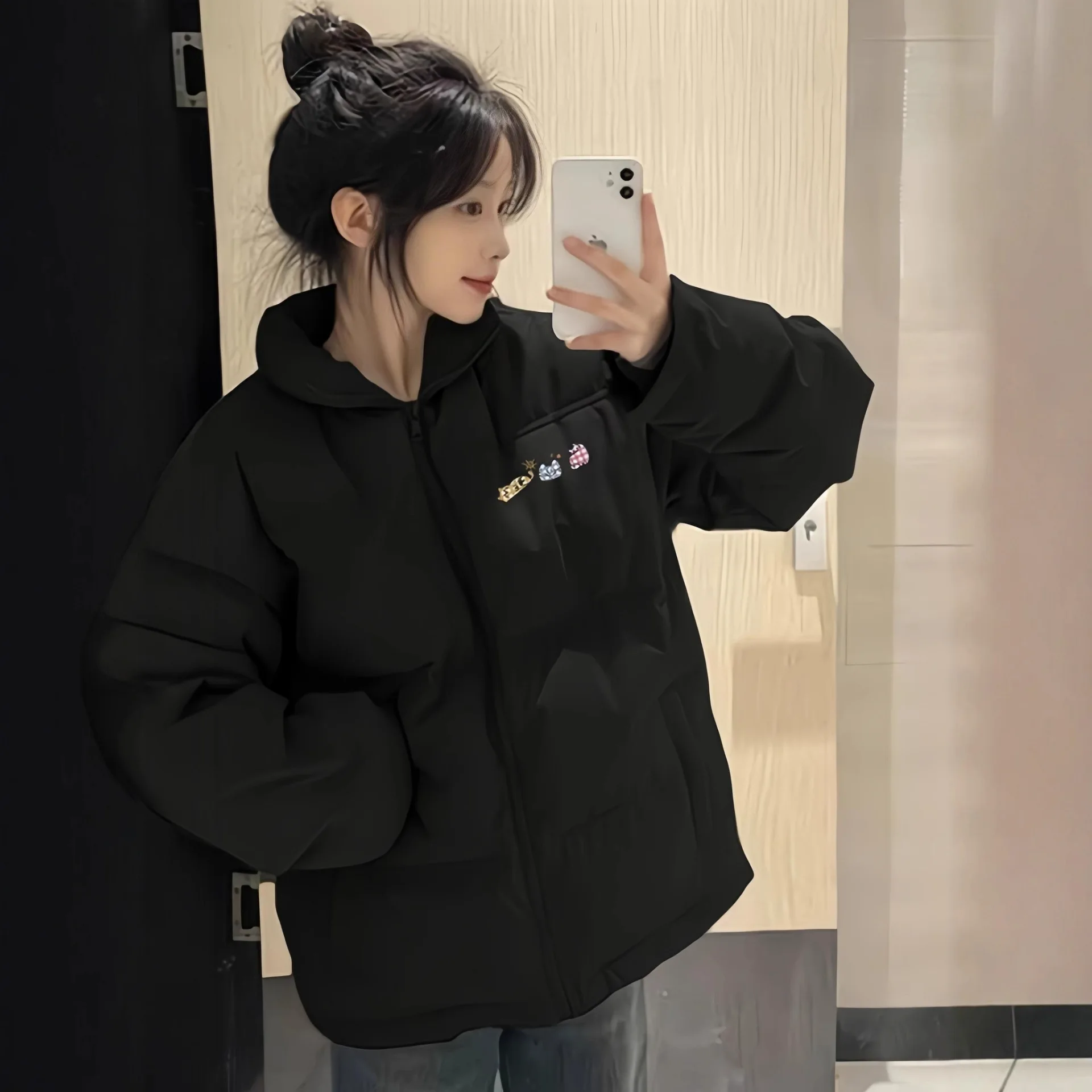 

Black versatile stand up collar down cotton jacket, loose jacket, bread jacket, cotton jacket