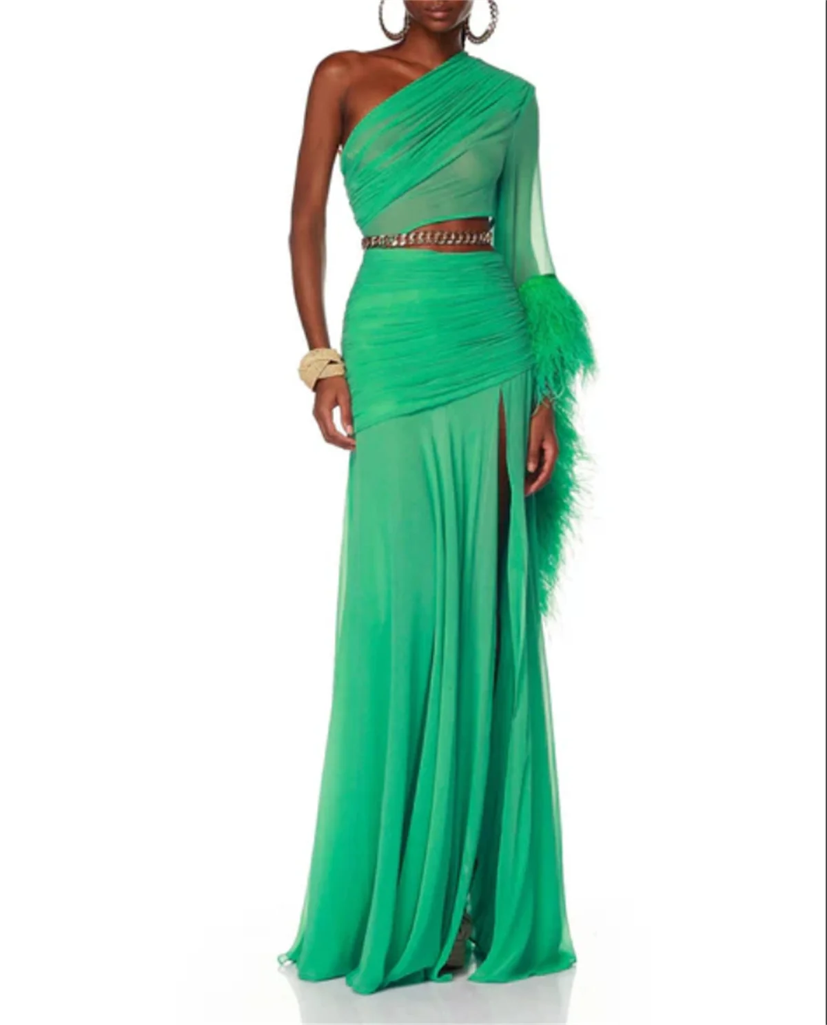 Fashion Green One Shoulder Prom Dress Sleeveless Satin Feather Skirt Evening Dress Sexy Cutout Special Occasion 2024 Custom New