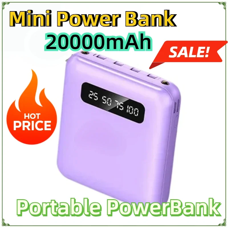 For IPhone Samsung HUAWEI NEW20000mAh Mini Power Bank Fast Charge Large Capacity Portable PowerBank 4 in 1 Cable