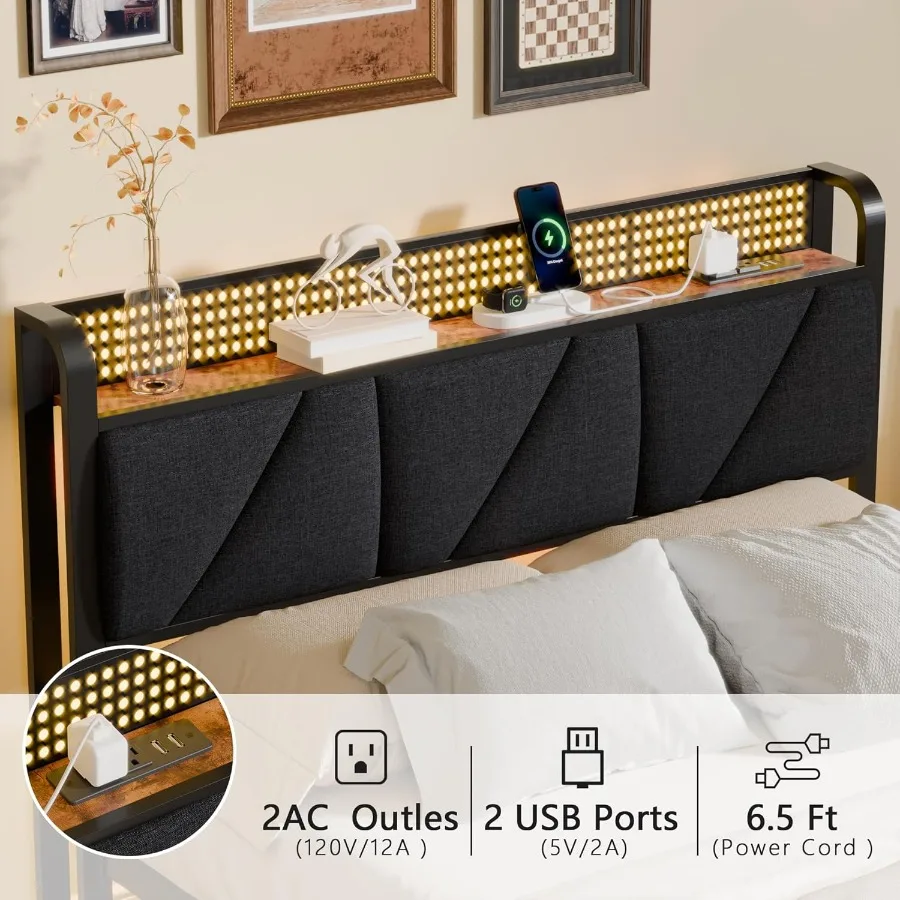 إطار سرير بمنصة منجدة بالحجم الكامل مع أضواء LED مدمجة على محطة شحن مدمجة على اللوح الأمامي ومنافذ USB لشركة الشركة #5