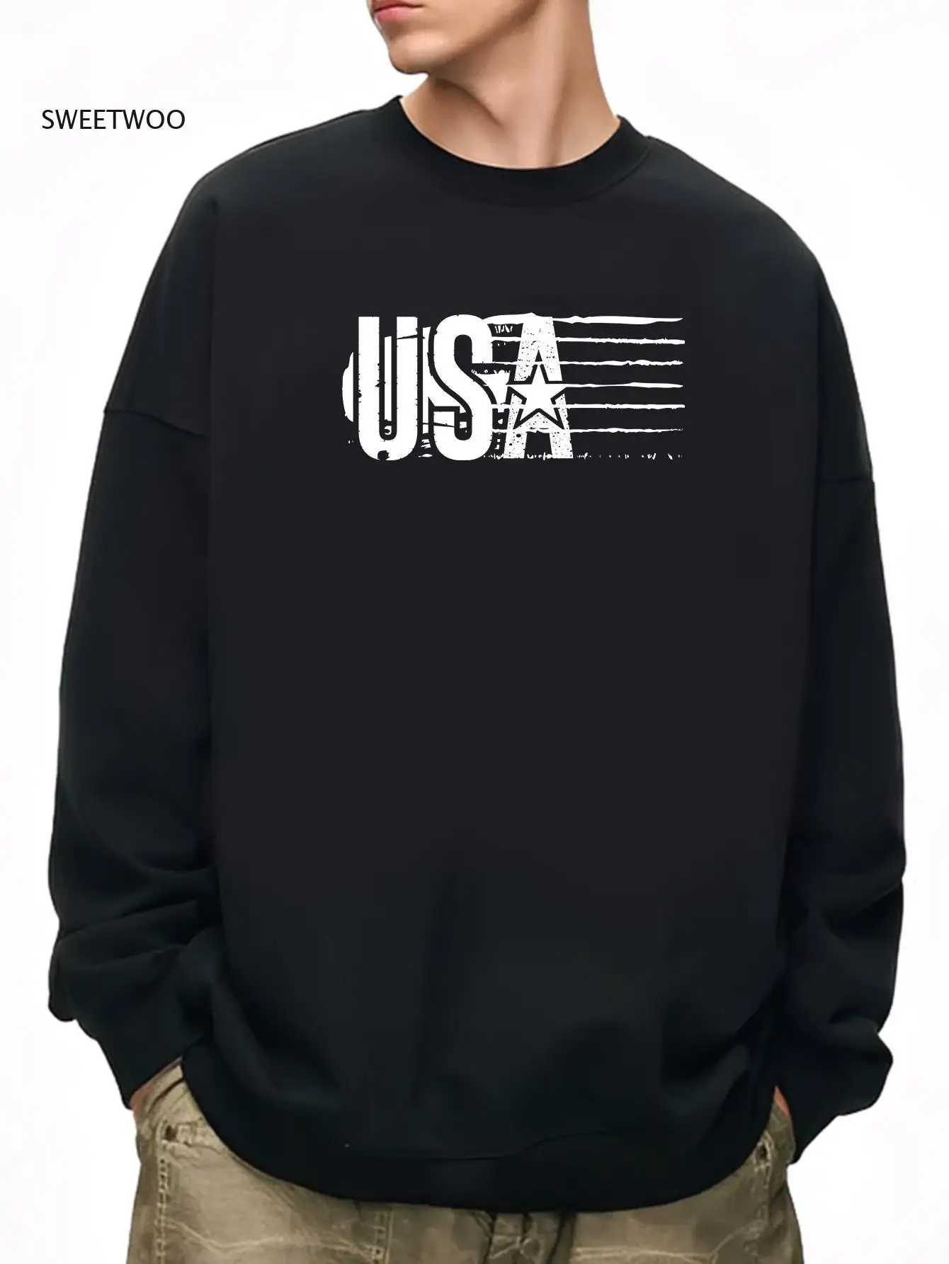 

's Black Usa Flag Print Crewneck Sweatshirt - Heavy-Duty Casual Pullover Hoodie-Like Sweater with White Usa Logo, Regular Fit