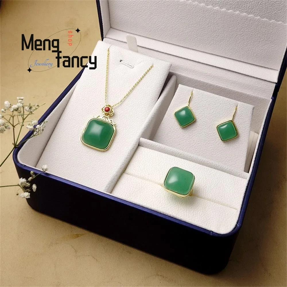 Natural Tung Ling Jade Square Interface Set Pendant Earrings Ring Simple Elegant Exquisite Best Selling Fashion Luxury Jewelry