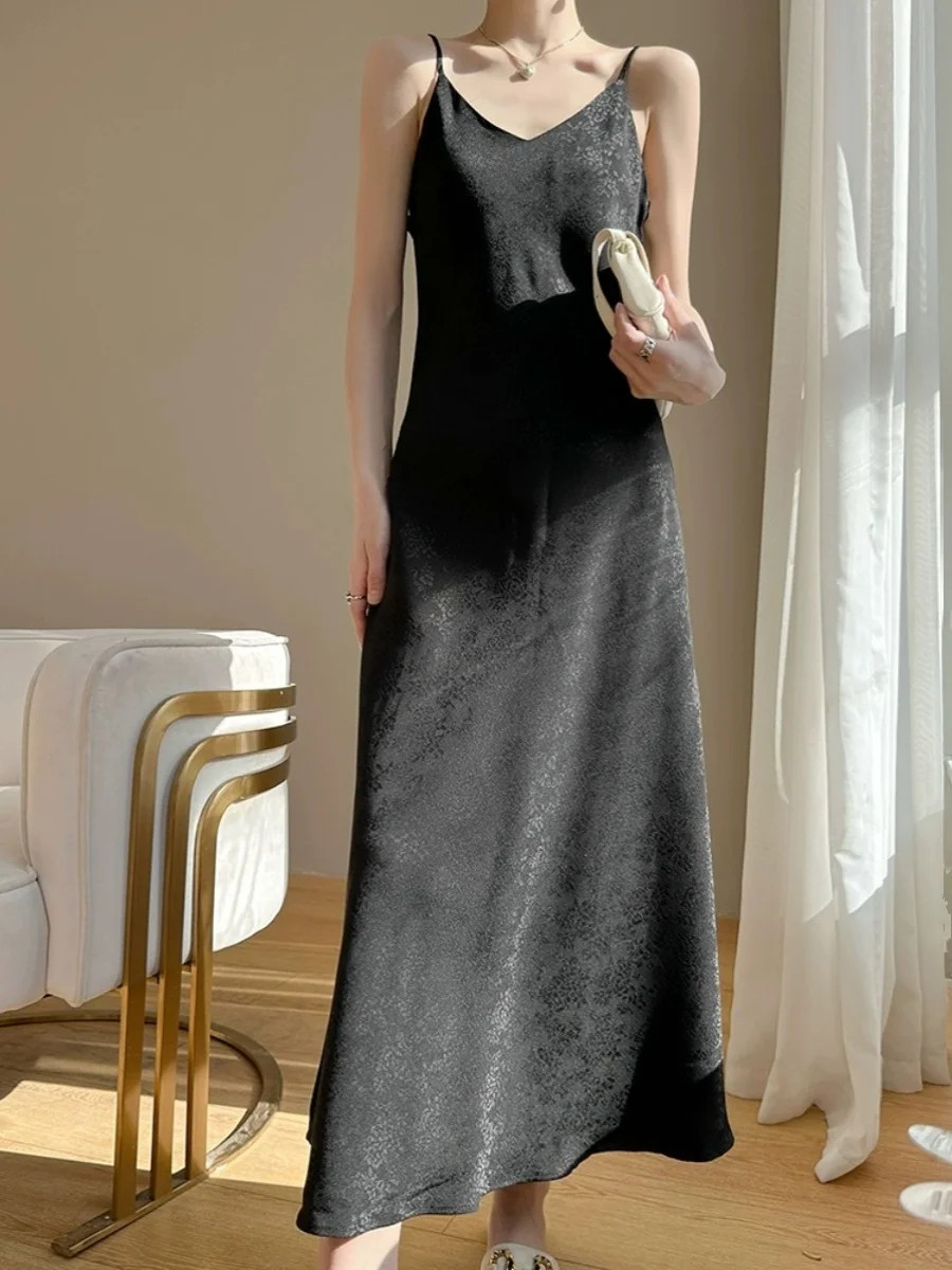 シルクサテンアセテートロングドレス レディース 夏 本物シルク ストレートチューブドレス 高級感 ロングストラップドレス