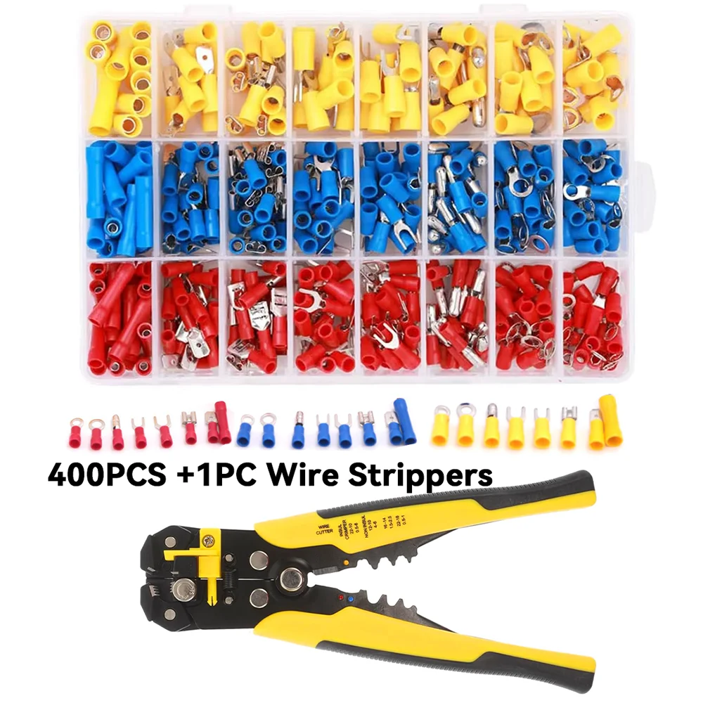 400PCS Quick Disconnect Electrical Insulated Butt Bullet Spade Fork Ring Crimp Terminals Wire Connectors Kit+Wire Stripper Plier