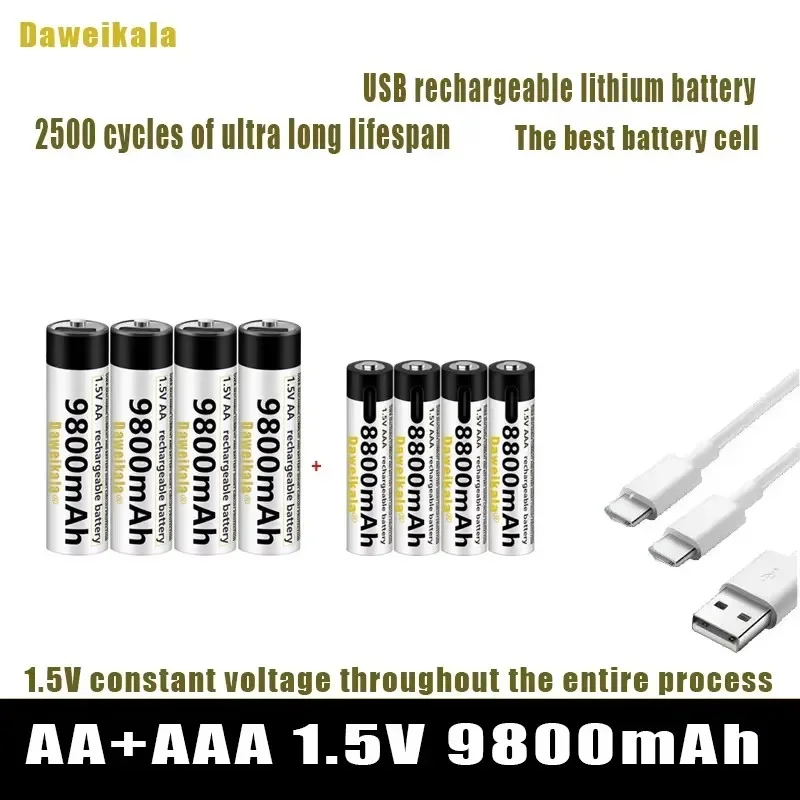 

1.5V AA + AAA USB Rechargeable battery AA 9800mAh/AAA 8800mAh li-ion batteries for toys watch MP3 player thermometer+ Cable