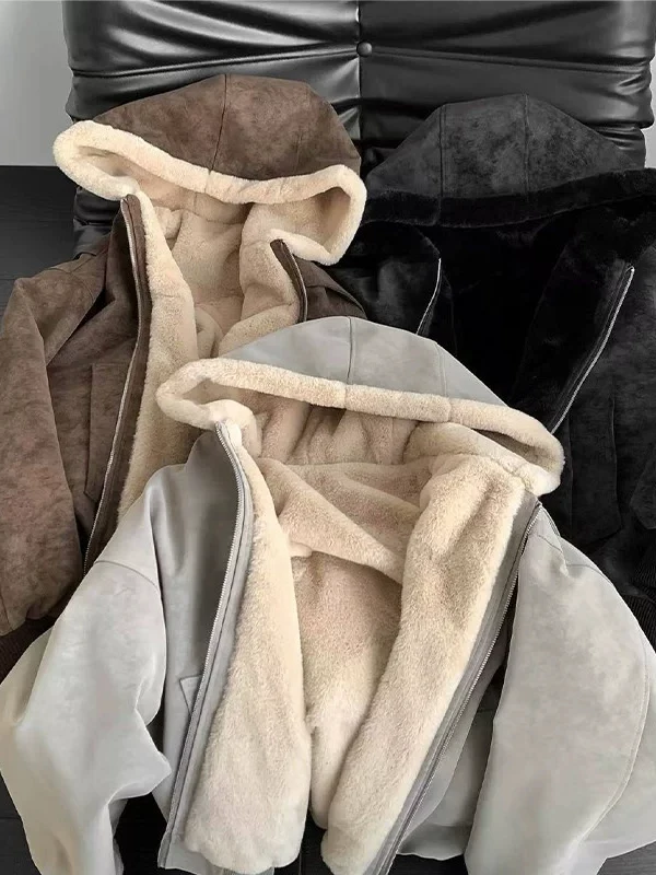 Northeast PU Leather Coat Men's Winter Fleece Lined Warm Cotton Jacket Loose Dyed Deconstructed Hooded Cotton Clothes