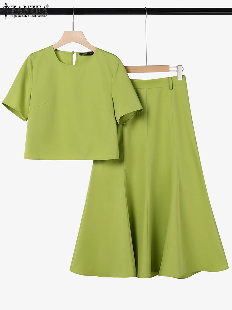 ZANZEA 반소매 오 넥 탑 통근 솔리드 2PCS 의상 A 라인 미디 스커트 Office 우아한 캐주얼 정장 여성 2 피스 세트