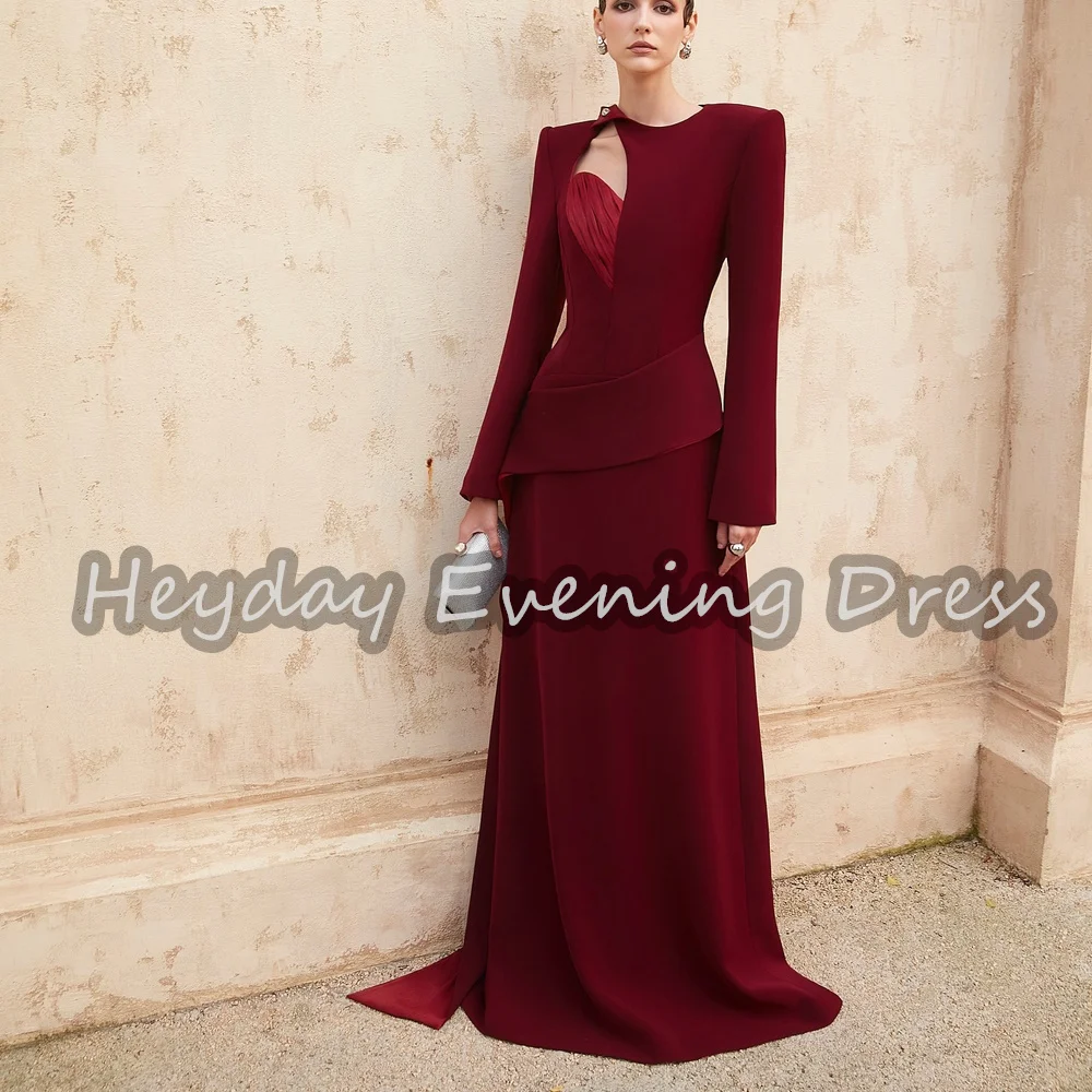 

Heyday Crepe A-line O-neck Simple Saudi Evening Dresses For Women 2025 With Long Sleeves Pleats Floor Length Draeped Party Gown