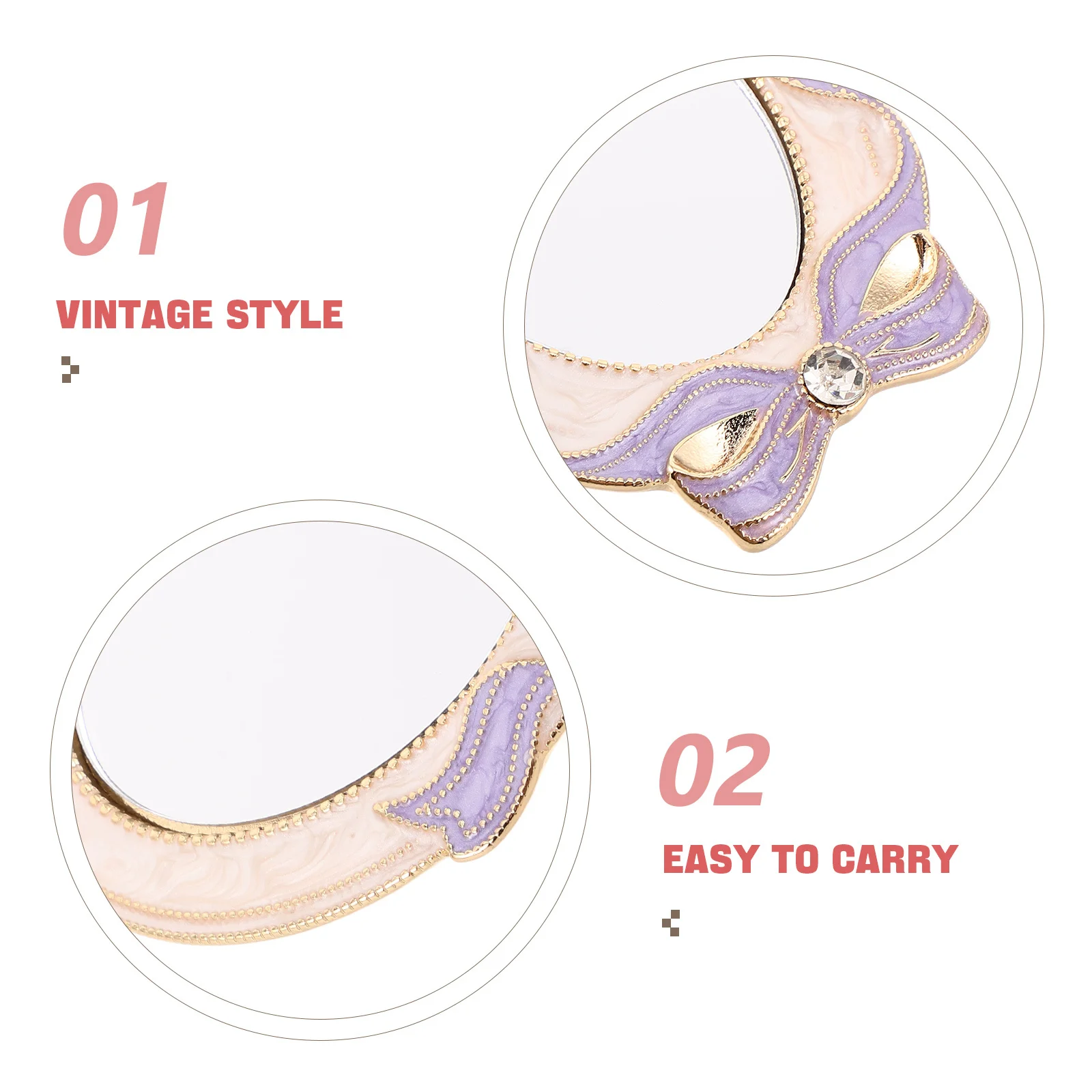 Vintage Taschen-Make-up-Spiegel, Mini, tragbar, kompakt, mit Strasssteinen, Schleife, Reisegröße, Retro-Stil, Make-up-Spiegel für Mädchen