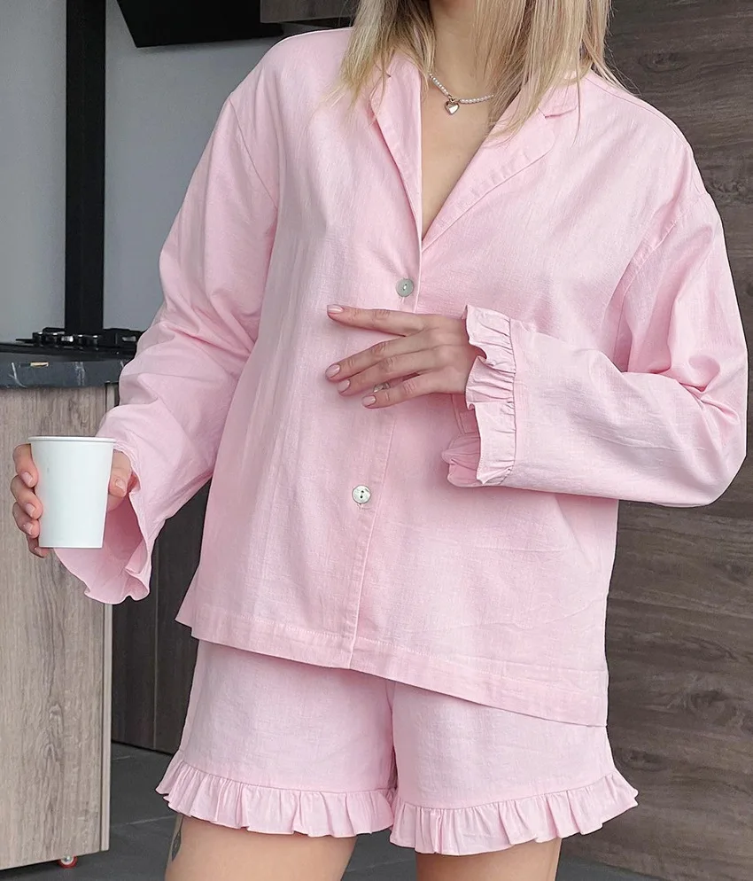 Solid Color Women Pajamas Sleepwear Cotton Pajama Set Top And Shorts 2 Piece Set Comfortable Home Suit Night Wear Female