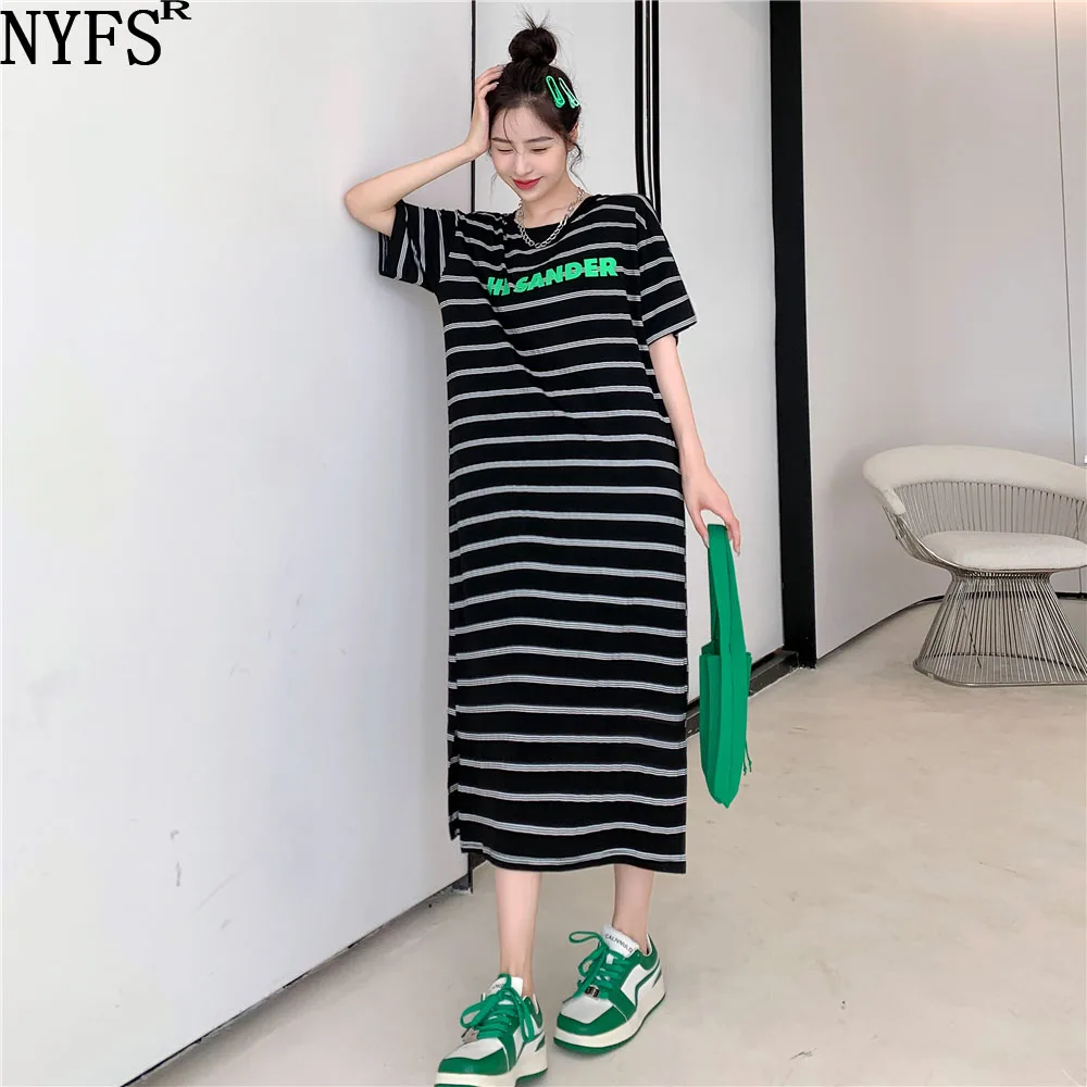 NYFS 2023 Summer New Korea Woman Dress Vestidos Robe Elbise Cotton Loose Plus Size Letter Print Stripe Short Sleeve Long Dresses