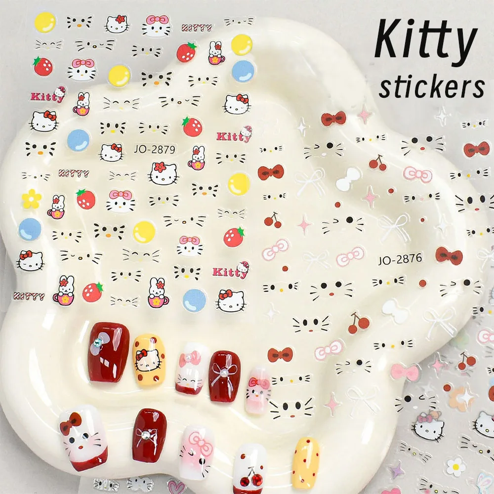 Autocollants pour ongles dessin animé 3D Hello Kitty, 1 pièce, Kawaii KT, nœud de chat, cœur, fleur, décalcomanies adhésives, visage de chat, fraises, curseurs de manucure