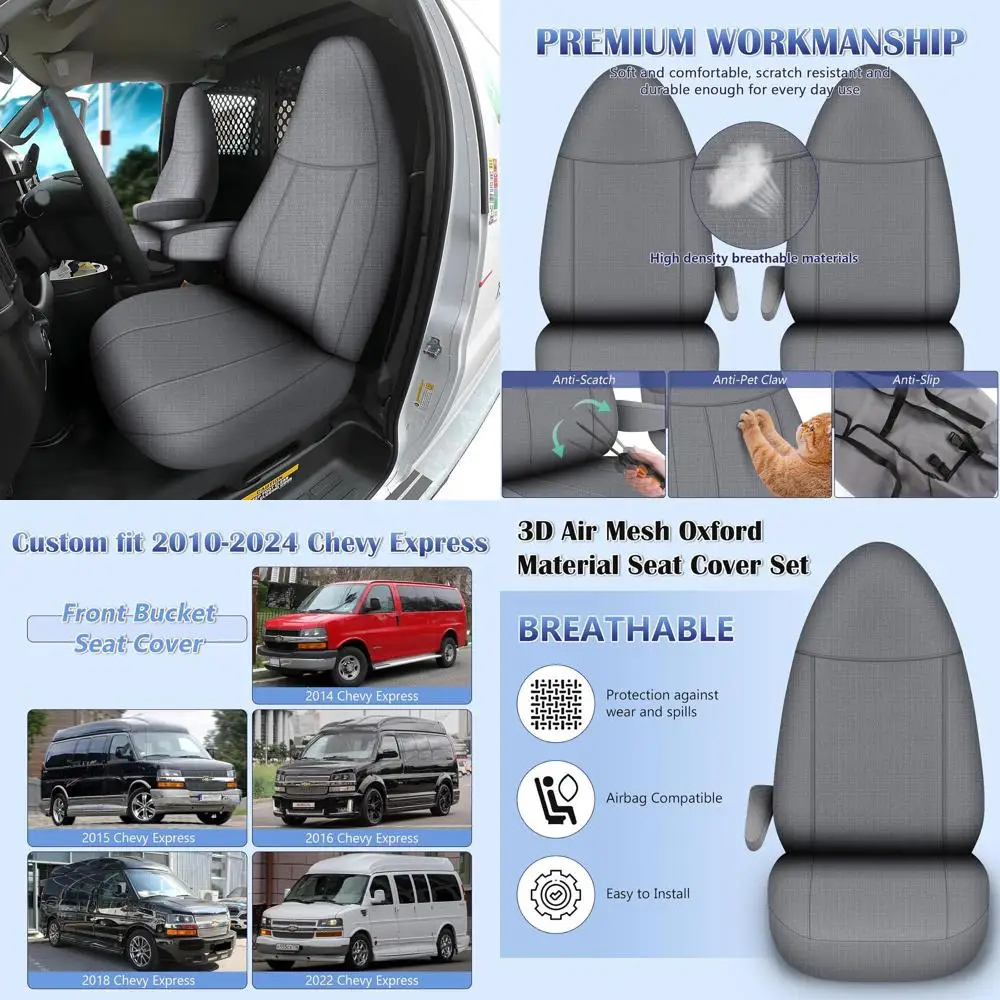 

Front Seat Cover for 2010-2025 Chevy Express Front Bucket Seat with Opening for Grab Handle on Passenger Side Backrest, Custom-F