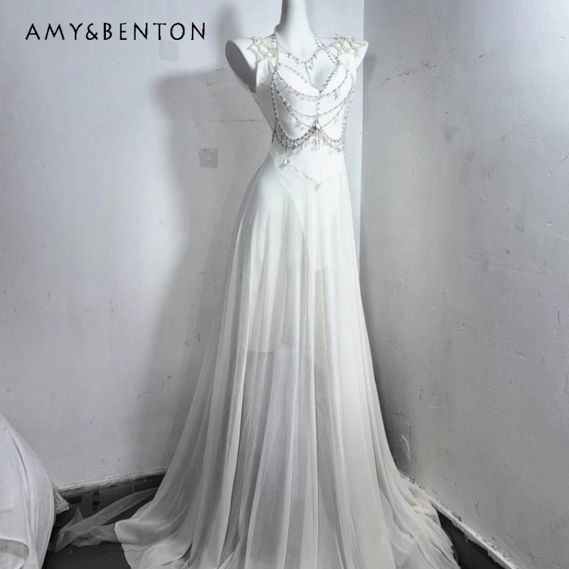 

Original Design White Punk Women's Clothing Gothic New Sexy Crystal Chain Decorated Waist-Cinching Sheer Long Dresses Ladies