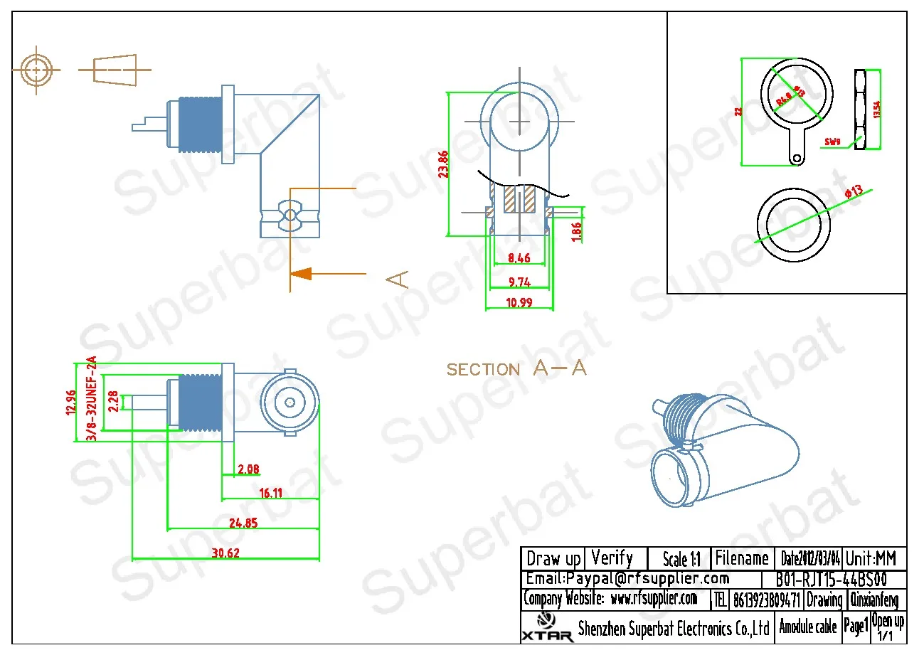 Superbat-mampara hembra de montaje en Panel BNC de 10 piezas, ángulo recto con conector de copa de soldadura