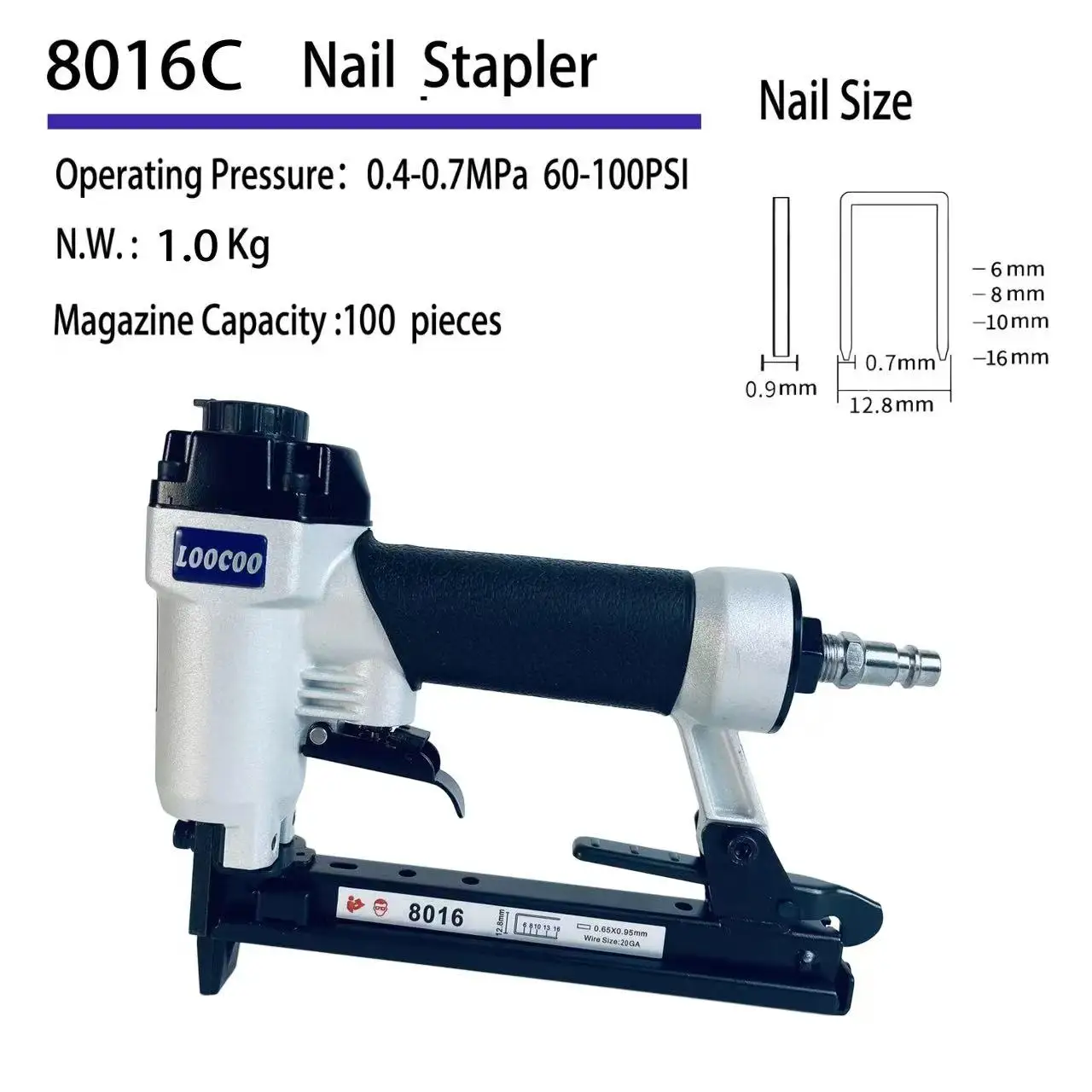 1pc-8016C 21GA Pneumatic Upholstery Stapler, Air Staple Gun for Woodworking, Furniture, Sofa & Leather Specs: Operating Pressure