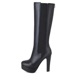 Winter Women's High Boots Platform Black Knee Boot High Heels Wide Fit Zipper Long Tall Party Shoes Lady Large Size 45 48