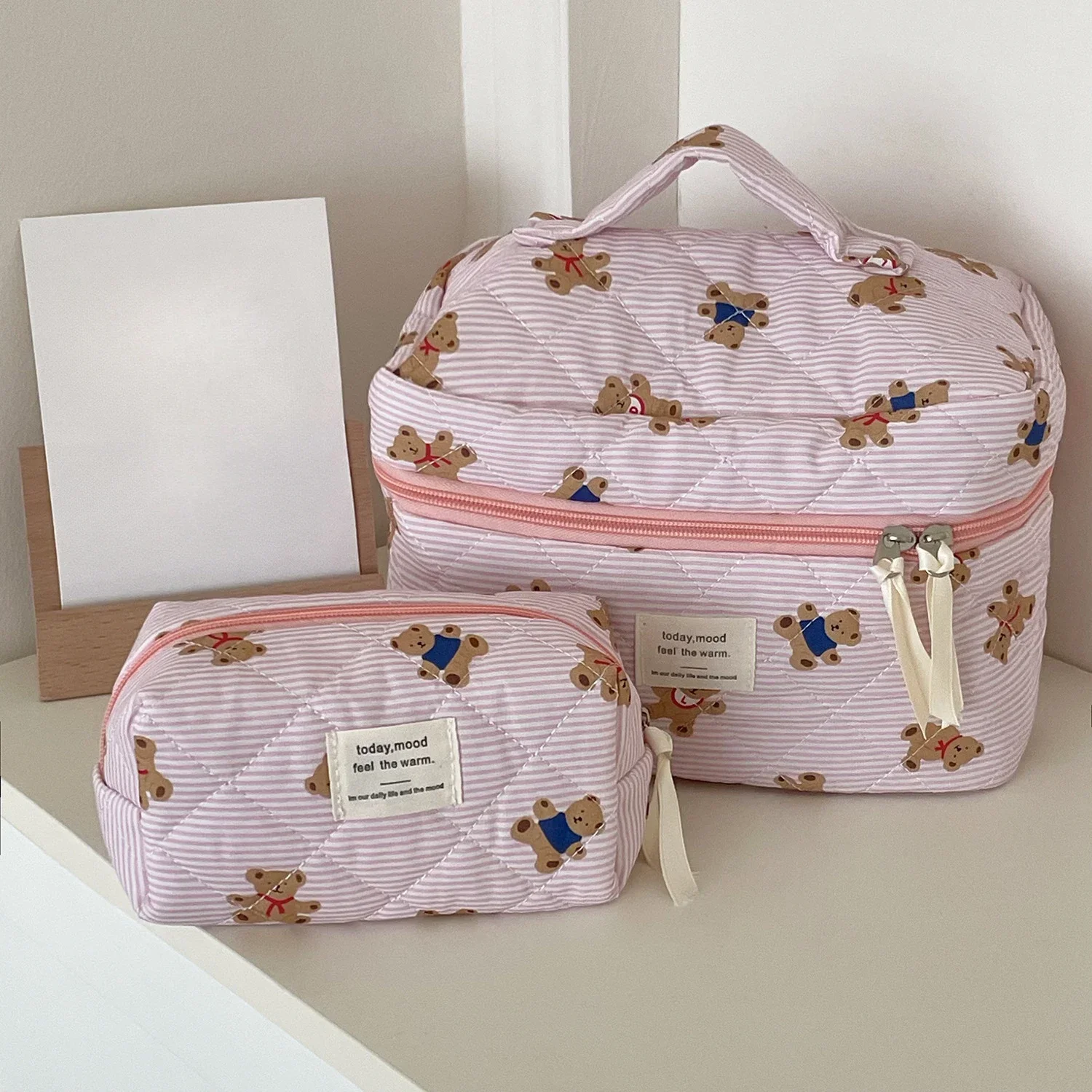 Pink Beige Bear Pattern Women Cosmetic Bag Cute Zipper Makeup Travel Organizer Female Handbag Toiletry Pouch for Girls