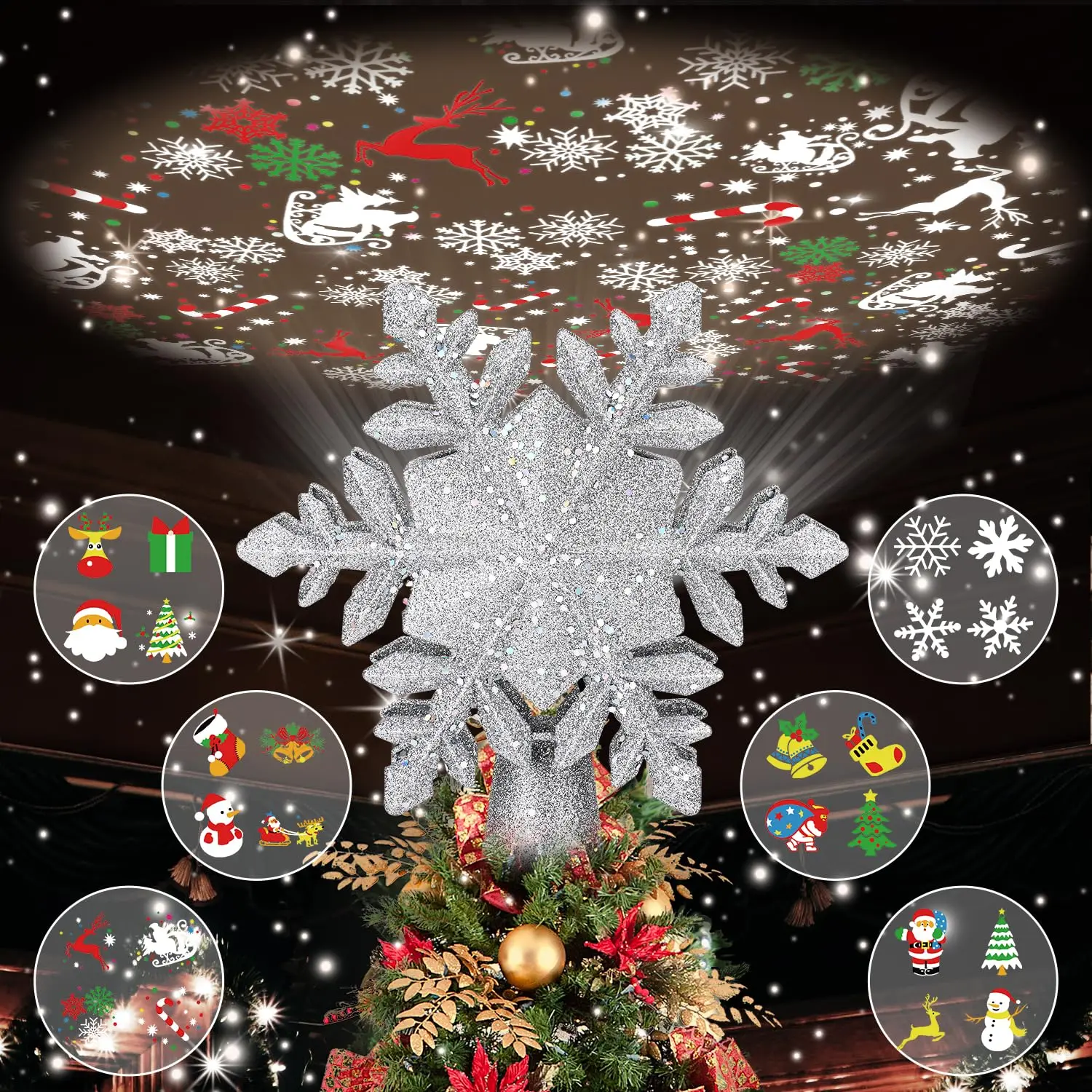 

Christmas Star Tree Topper Built-in 3D Glitter Projector with 6 Projected Patterns Xmas Party Decors New Year 2025