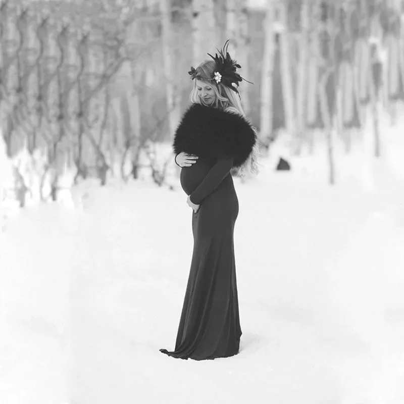 Long Sleeve Maternity Dress Off Shoulder Pregnancy deesses Faux fur Shawl Winter Pregnant Women Long Maxi Dress Photography Dres