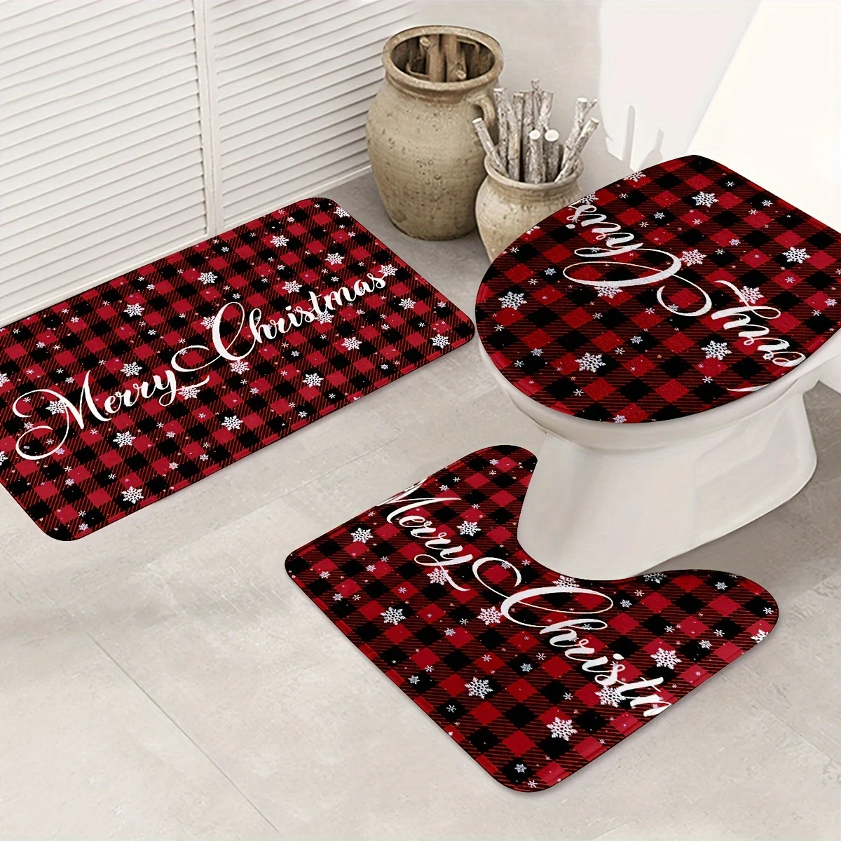 2D Flat Red Black Buffalo Plaid Christmas Bathroom Mat Set, 3pcs, Snowflake Merry Christmas Pattern, Home Decor for Bathroom