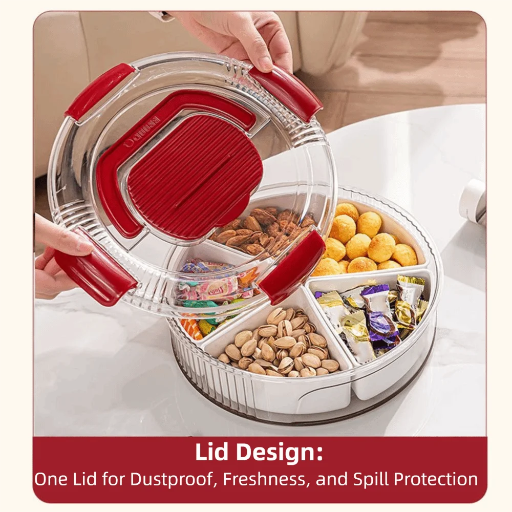 Sealed Rotating Serving Tray Compartmentalized Divided Rotatable Snack Container Durable Transparent Lid Rotating Fruit Tray
