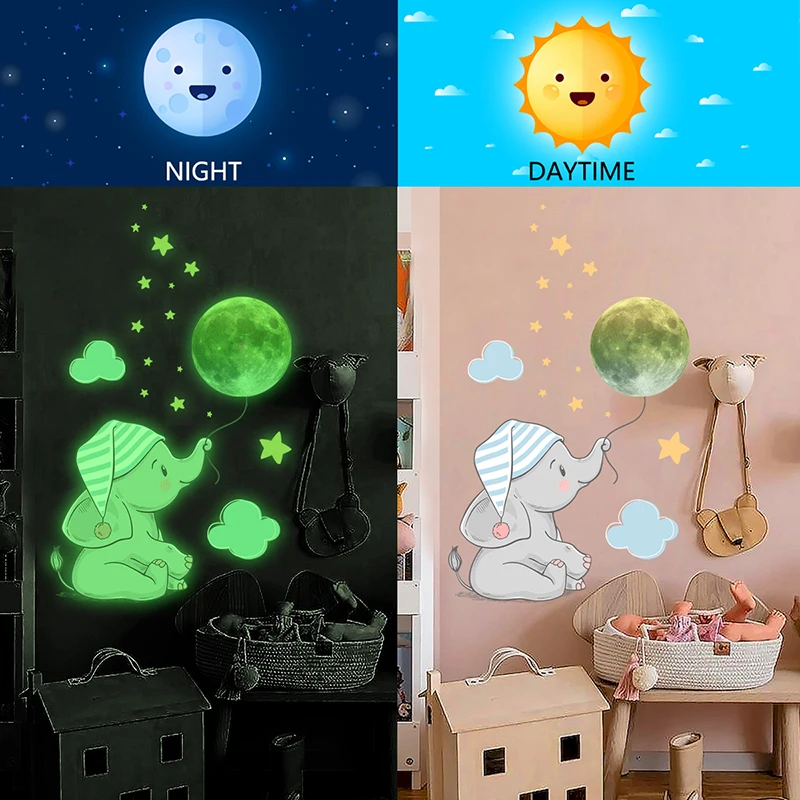 Baby Elephant Moon Luminous Wall Sticker For Baby Kids Room Bedroom Home Decoration Decals Glow In The Dark Combination Stickers