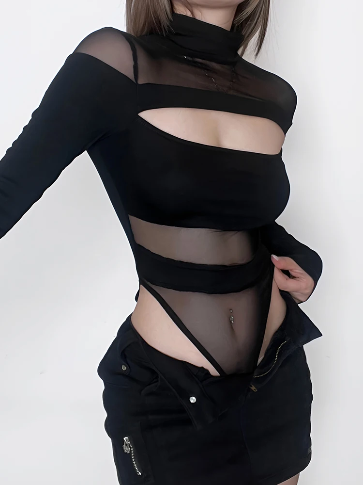 IAMSURE Sexy Hollow Out Patchwork Mesh Bodysuits See Through Slim O-Neck Long Sleeve Rompers Women 2023 Autumn Spring Streetwear