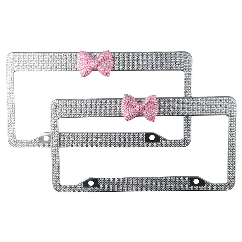 Marco de placa de matrícula brillante de diamantes de imitación, cubiertas de placa de coche de acero inoxidable rosa, blanco, acrílico con diseño de lazo, paquete de 2