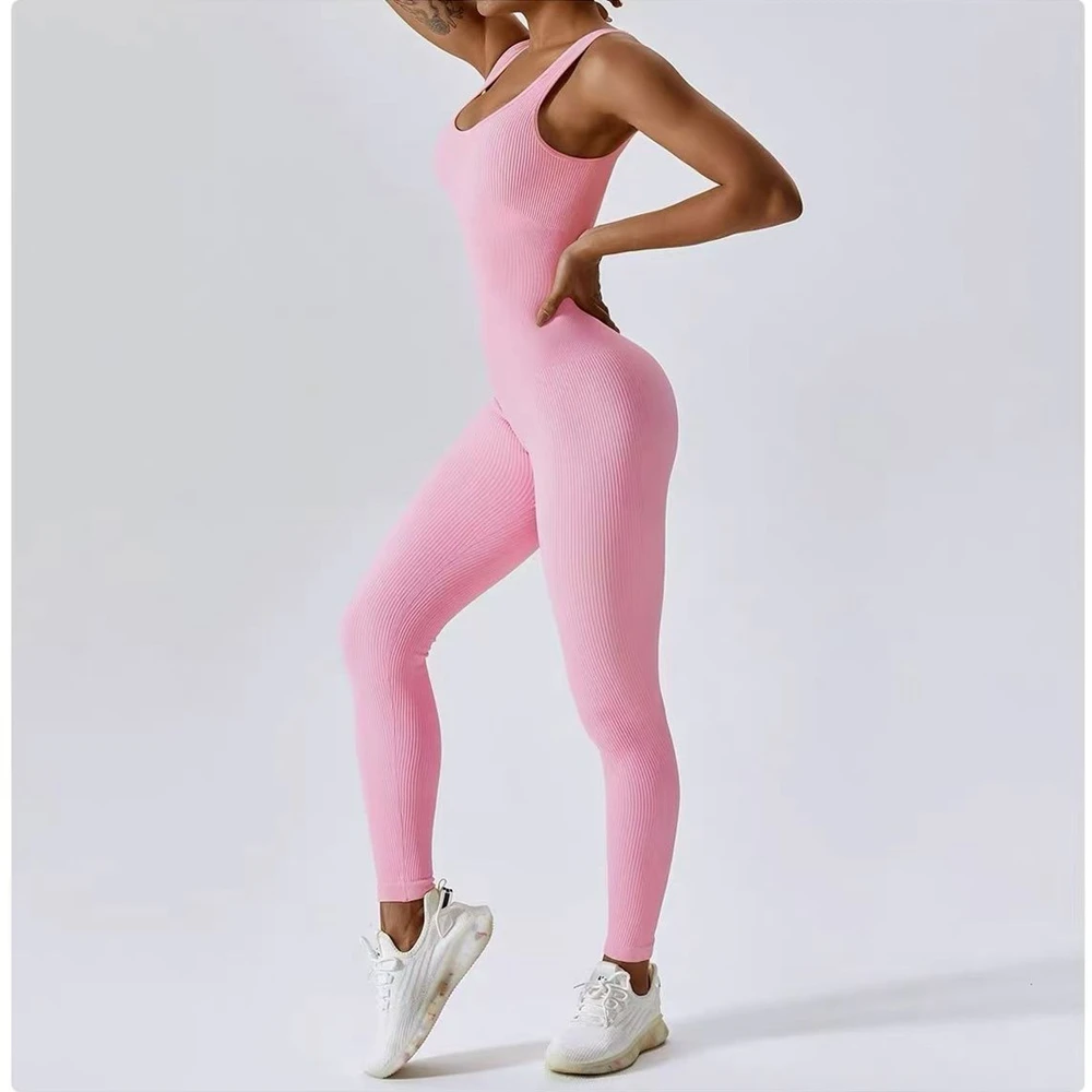 

Womens Jumpsuits Sleeveless Yoga Slim Fit Stretch Screw Thread One Piece Romper Sexy Fitness Female Pink Sportwears Chest Pads