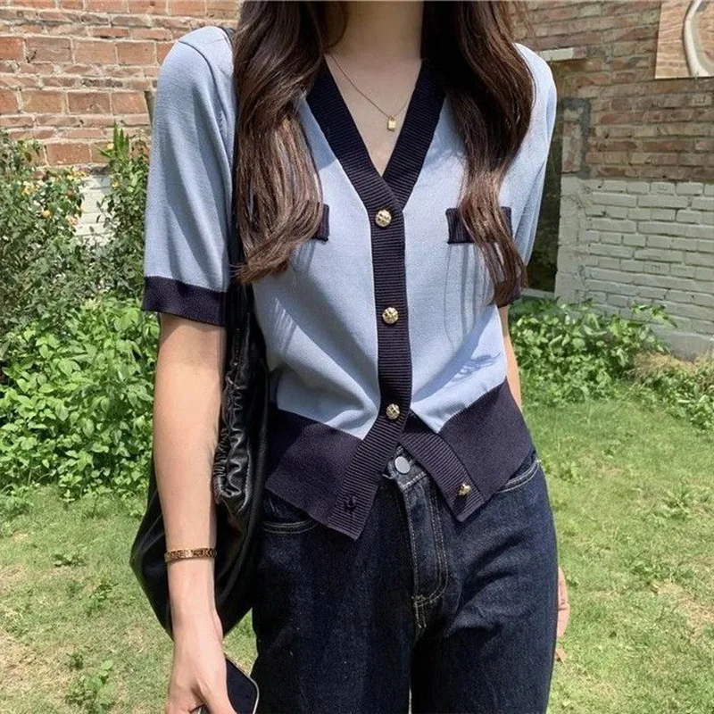 Women Clothing Fashion Sweet Solid Patchwork Cardigan Summer Elegant V-neck Short Sleeve Knit Shirt Thin Slim Button Tops