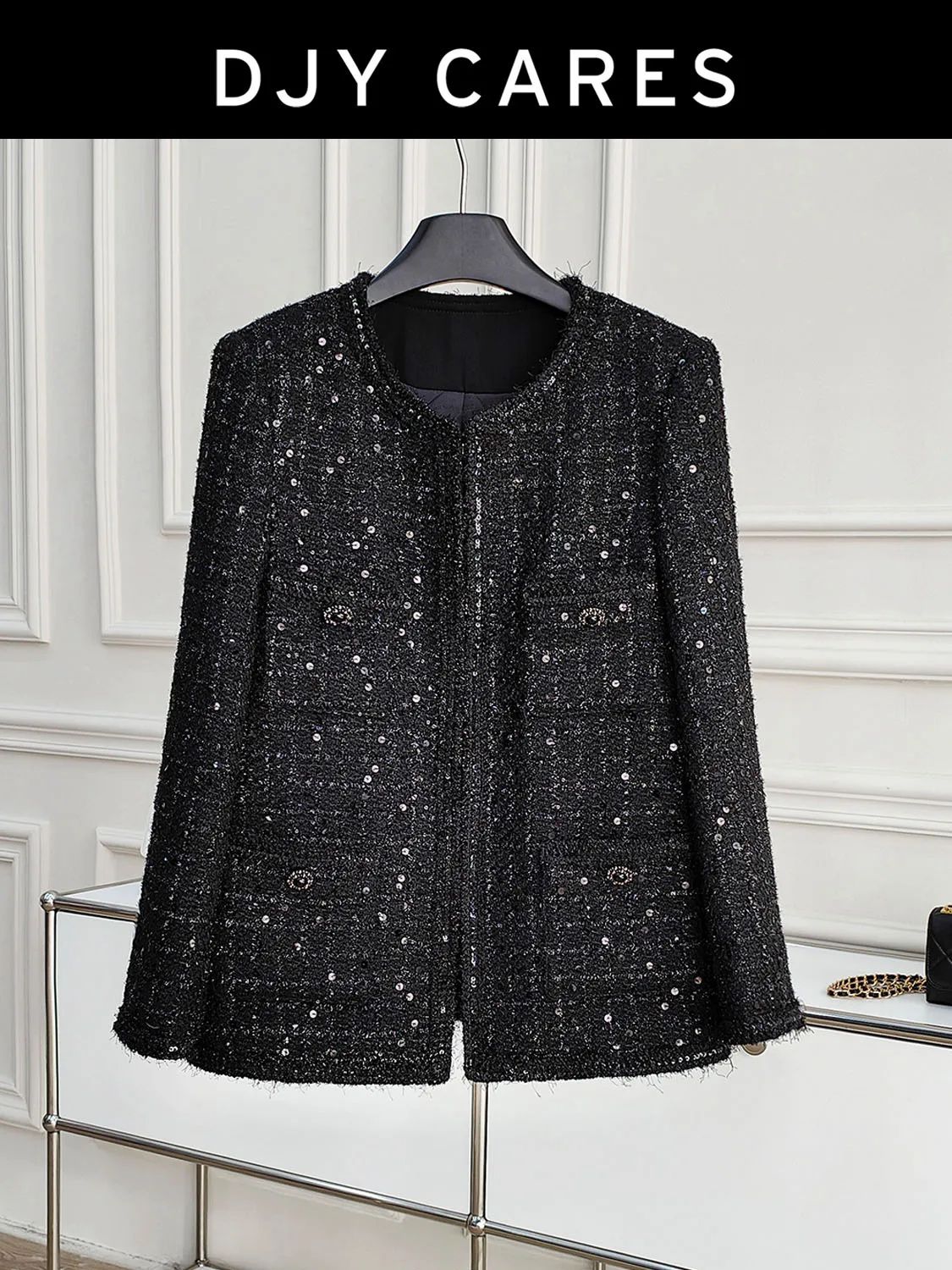 New Coarse tweed and cotton thickened heavy black jacket