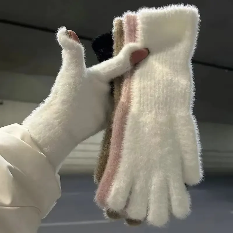 Frauen Lange Kaschmir TouchScreen Handschuhe Winter Warme Handschuhe Elastische Weiche Volle Finger Fäustlinge Plüsch Kunstpelz Gestrickte Handschuhe