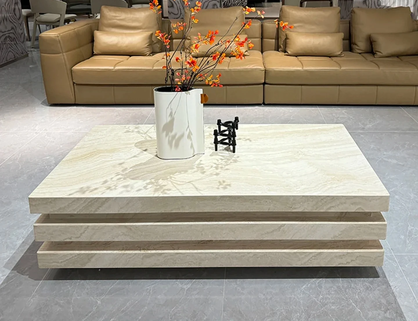 Medieval Cream Style Imported Natural White Cave Stone Marble Long Coffee Table Tea Table