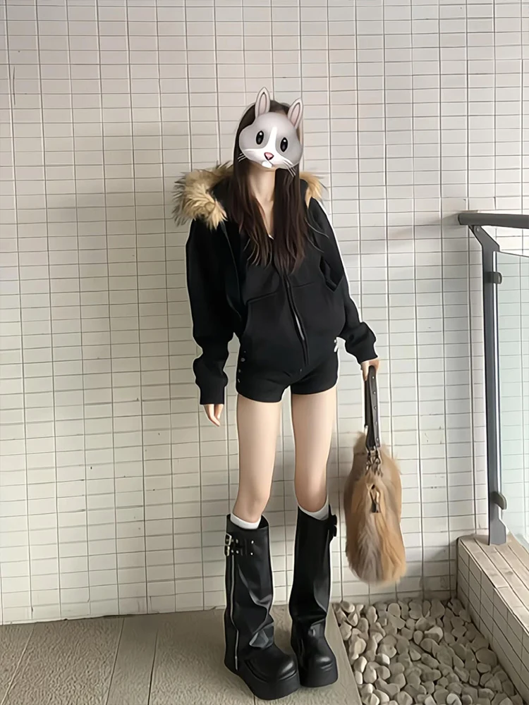 American high street feminino fce forrado jaet colarinho casaco solto casual versátil outono inverno 2024 novo sle casal hoodie