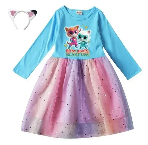 2-10 Jaar Cartoon Superkitties Kostuum Baby Meisjes Casual Jurken Kids Lange Mouwen Jurk Met Hoofddeksels Kinderen Prinses Vestidos