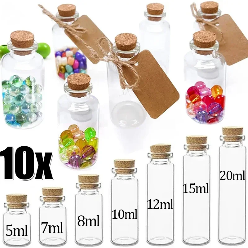 10Pcs 5-20ml Mini Clear Glass Bottles with Cork Stopper Spice Message Vials Wish Bottles DIY Drifting Empty Tiny Jars Decoration