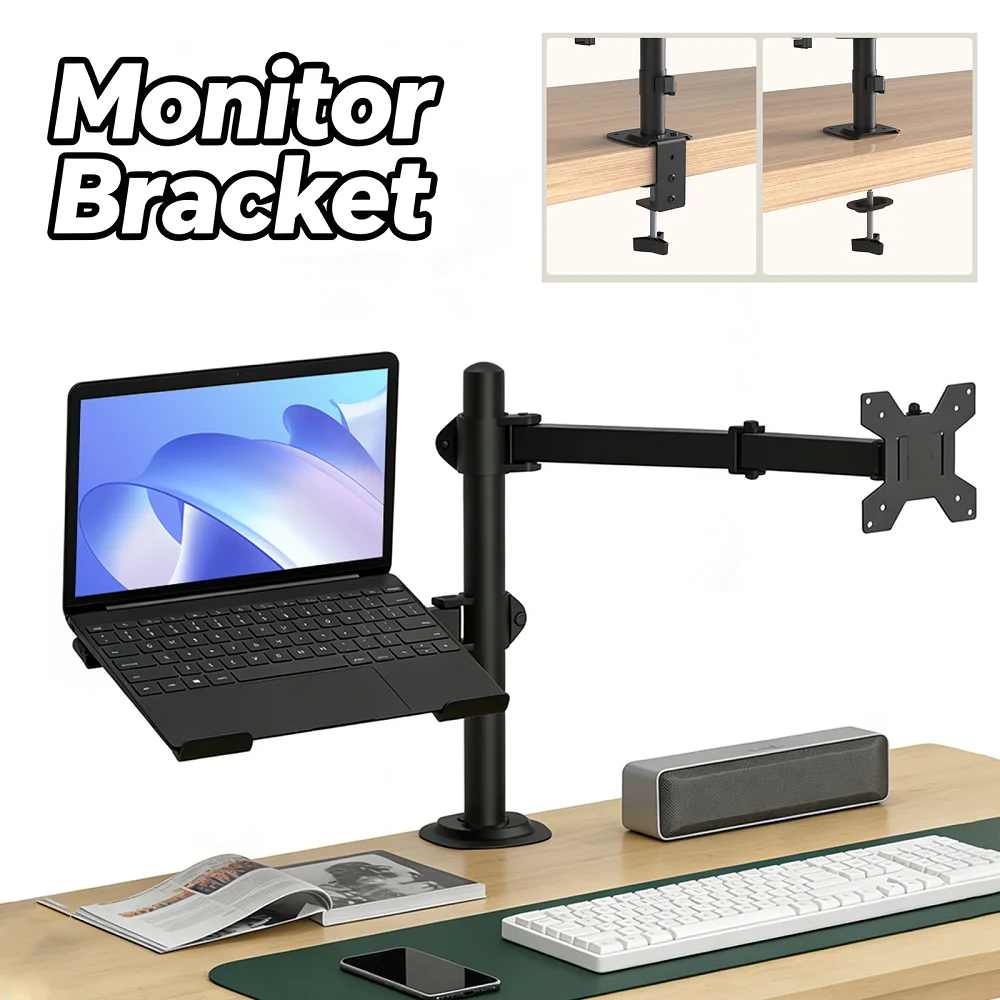 Image of Verstellbarer Monitorständer Laptop-Halter 13-27 Zoll VESA Tischhalterung mit Klemme 8KG Tragfähigkeit ±90° ° Drehbarer Computerbildschirmarm für das Büro