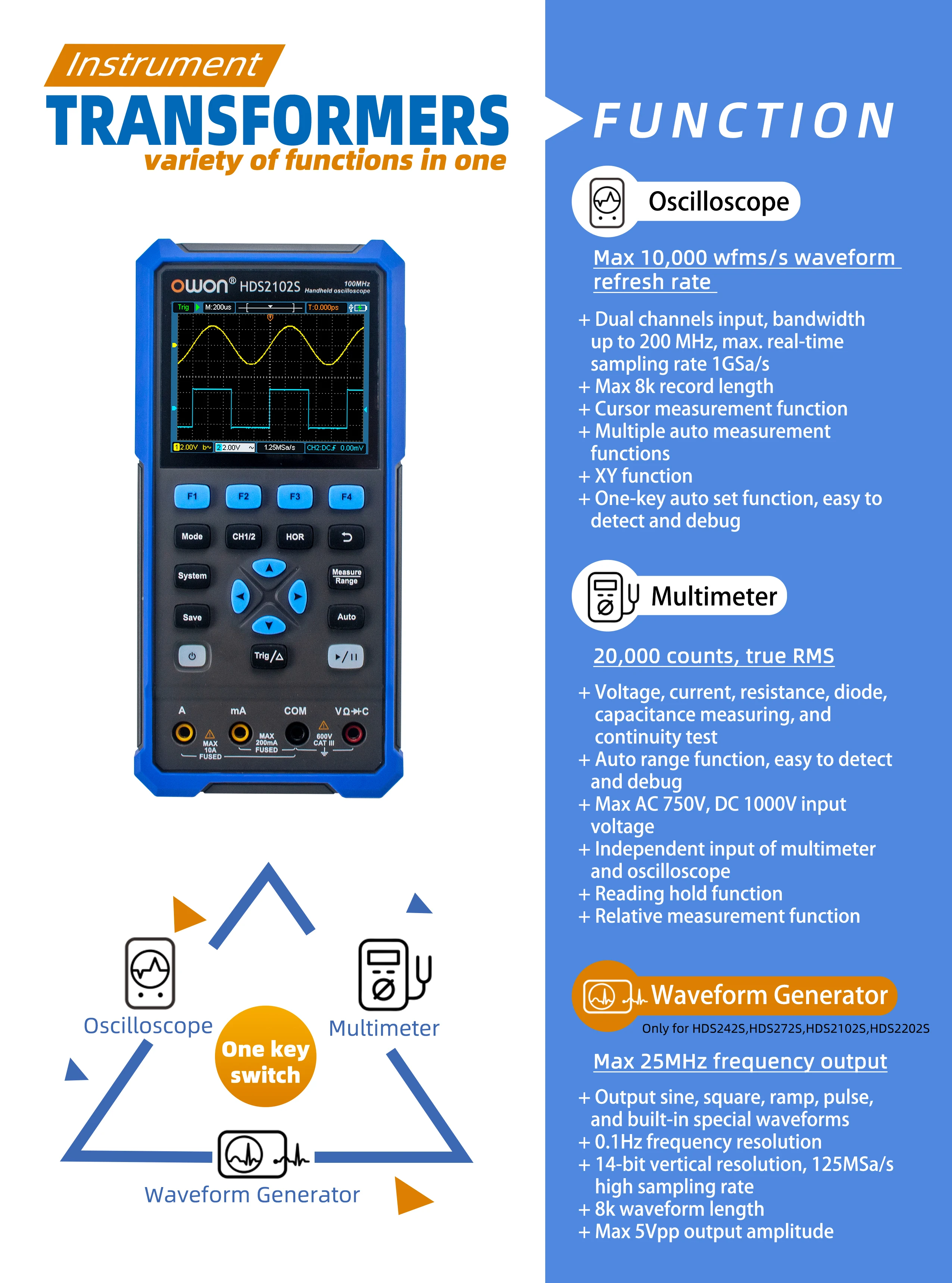 OWON HDS2202S HDS200 Serie Handheld Digital Oszilloskop 200 MHz 1GS/s 3 In 1 2 Kanäle Osciloscopio Multimeter + 1CH Generator – Detail 3