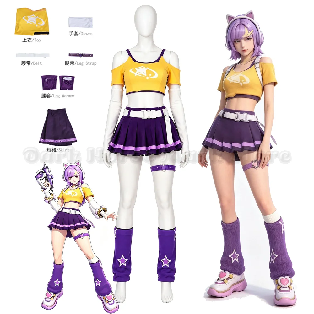Overwatch Juno Date Night Cosplay Costume Yellow Top Pleated Mini Skirt Sleeves Leg Warmers Accessories Halloween Carnival Party